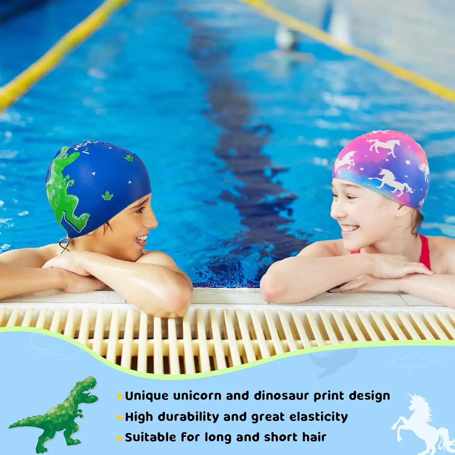 2 Pack Kids Swim Cap Durable Silicone Swim Caps for Boys Girls Toddler Waterproof Bathing Pool Swimming Caps Comfortable Kids Mermaid Unicorn Swimming Hats for Long and Short Hair