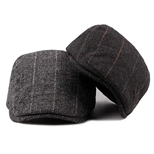 2 Pack Newsboy Hats for Men Classic Herringbone Tweed Wool Blend Flat Cap Ivy Gatsby Cabbie Driving Hat A-black/Grey