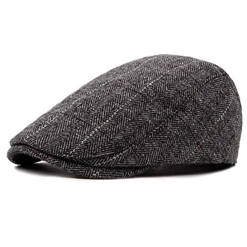 2 Pack Newsboy Hats for Men Classic Herringbone Tweed Wool Blend Flat Cap Ivy Gatsby Cabbie Driving Hat A-black/Grey