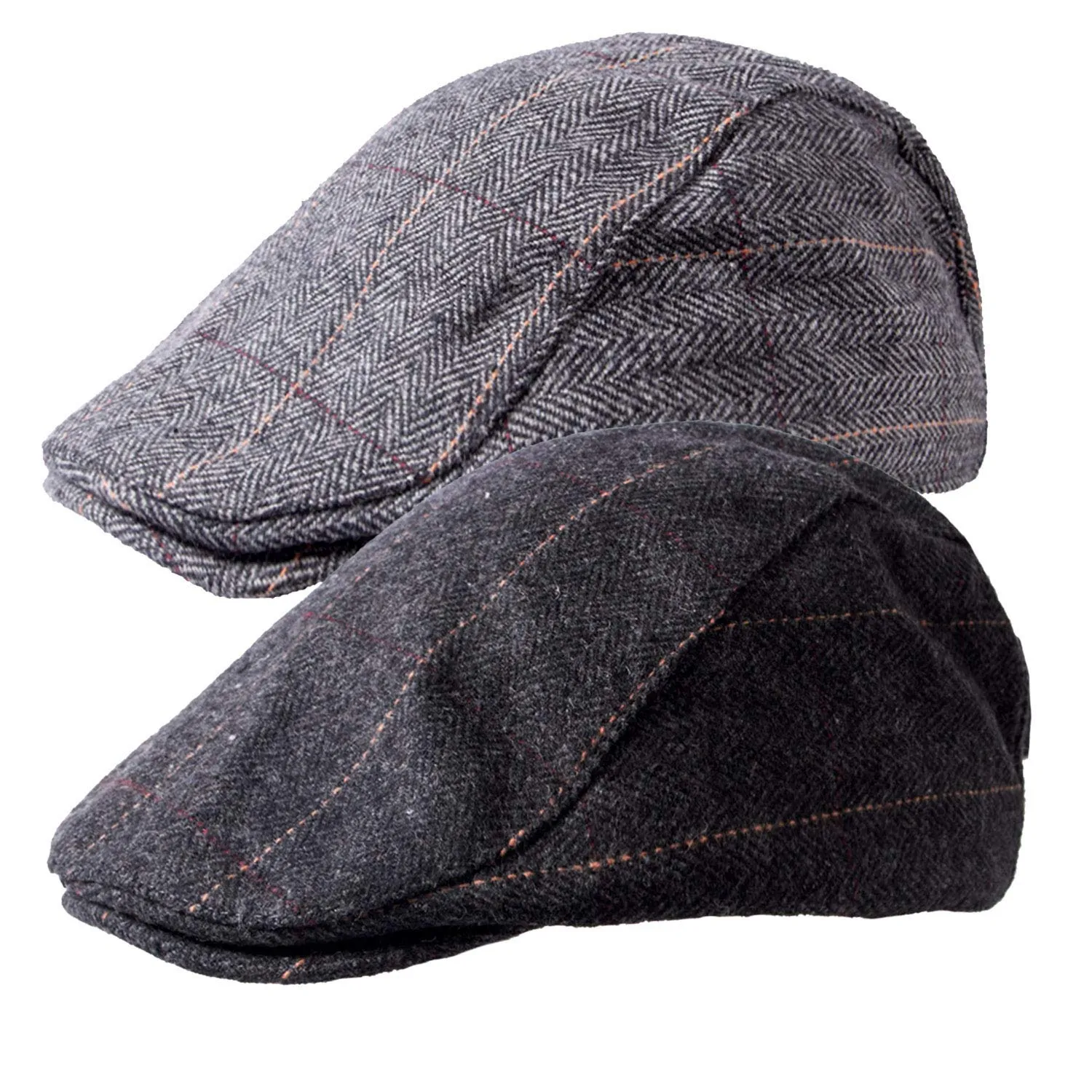 2 Pack Newsboy Hats for Men Classic Herringbone Tweed Wool Blend Flat Cap Ivy Gatsby Cabbie Driving Hat A-black/Grey