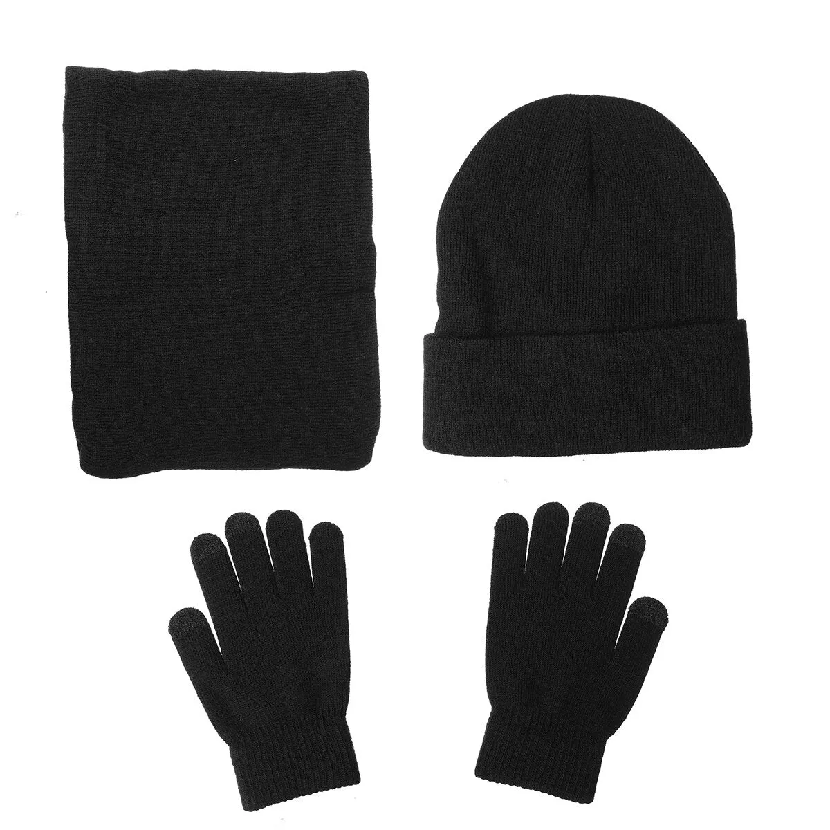3 IN 1 Winter Beanie Hat Knitted Scarf Set Cap Touch Screen Ski Thick Gloves