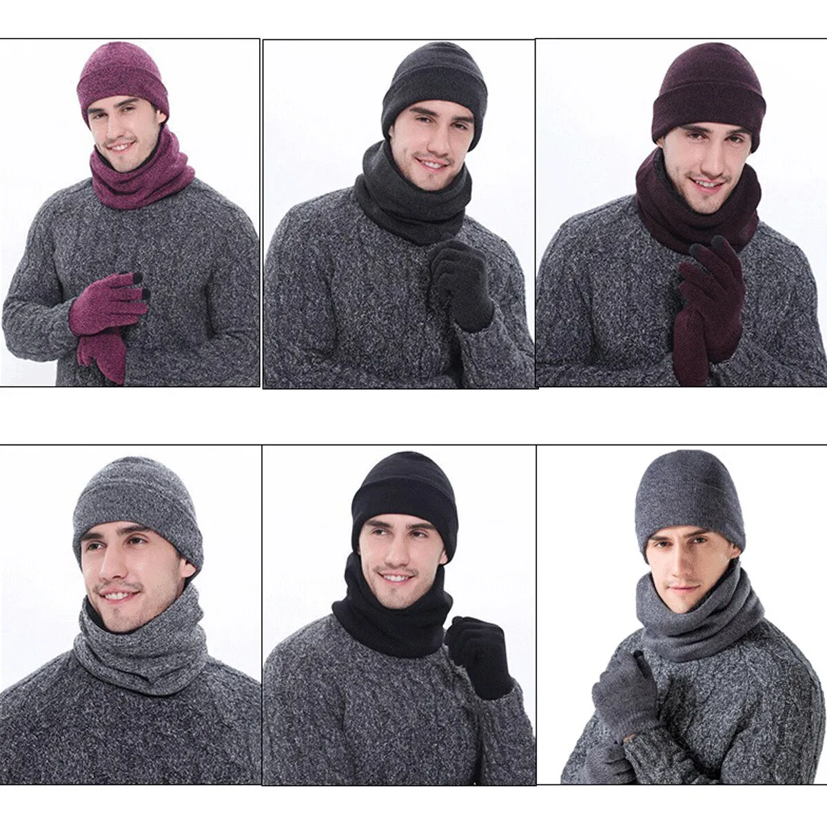 3 IN 1 Winter Beanie Hat Knitted Scarf Set Cap Touch Screen Ski Thick Gloves