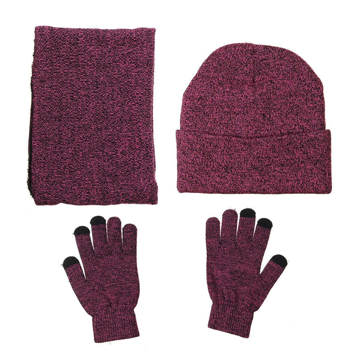 3 IN 1 Winter Beanie Hat Knitted Scarf Set Cap Touch Screen Ski Thick Gloves