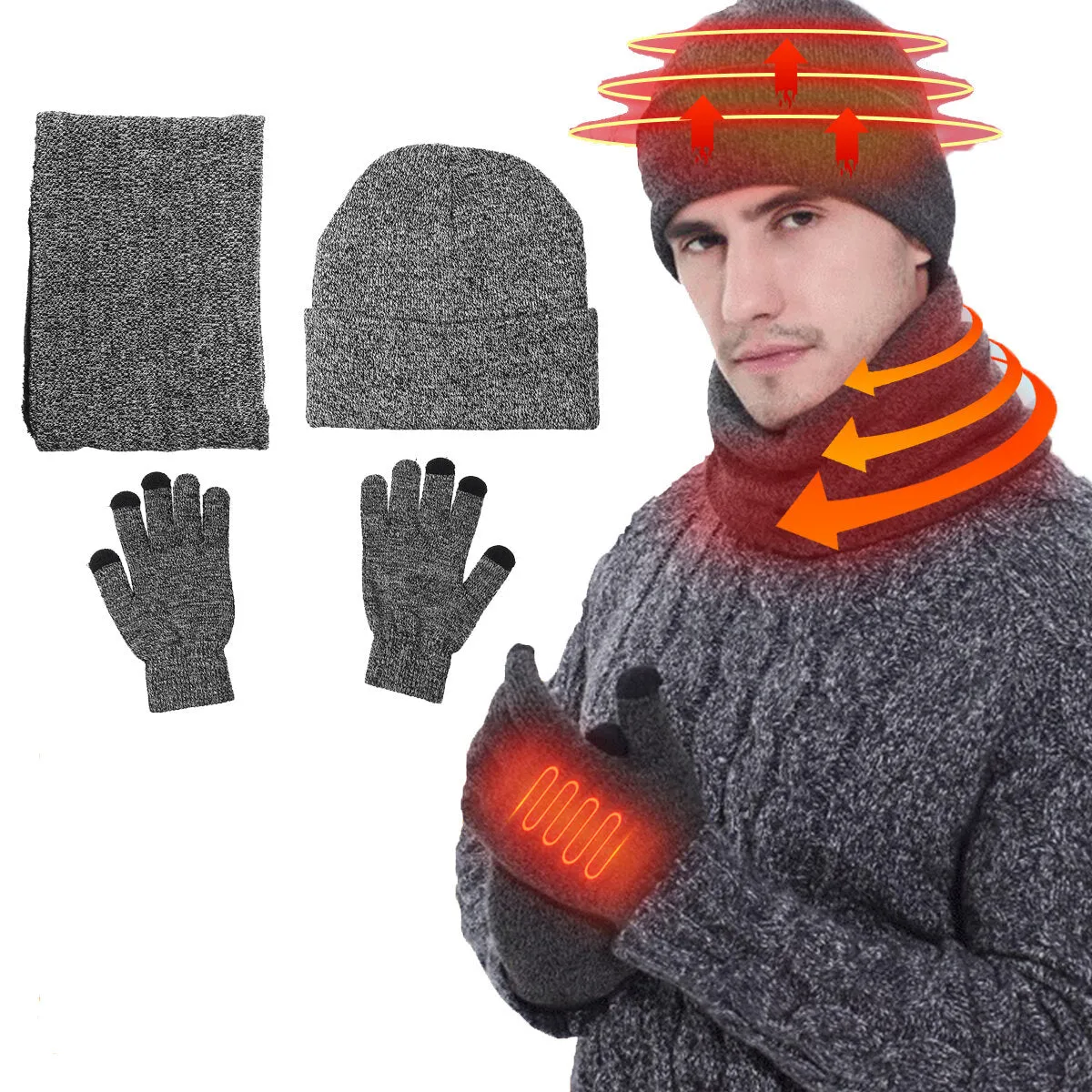 3 IN 1 Winter Beanie Hat Knitted Scarf Set Cap Touch Screen Ski Thick Gloves