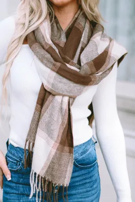 Brown Tasseled Hem Plaid Scarf