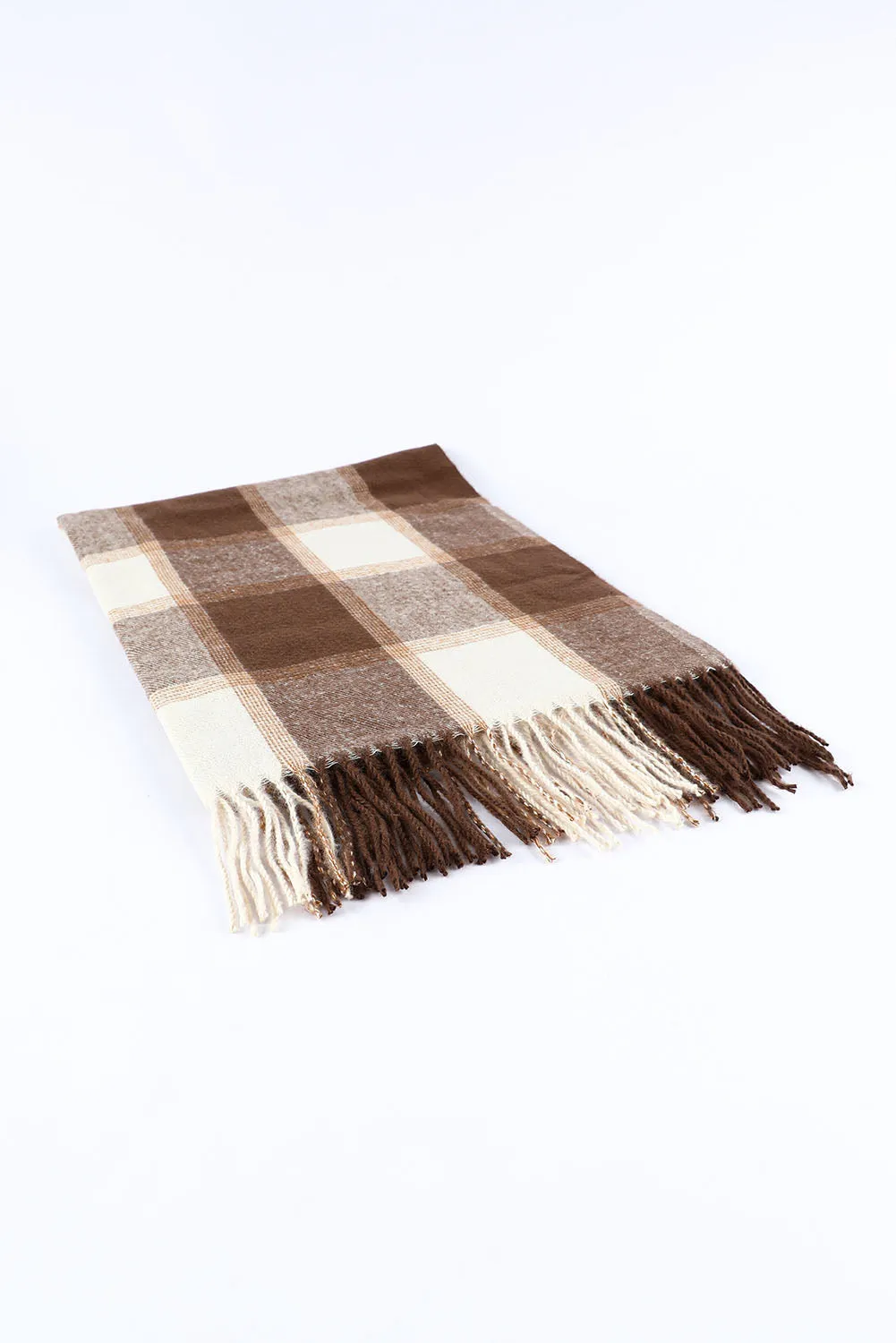 Brown Tasseled Hem Plaid Scarf