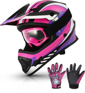 Dot Youth Kids ATV Motorcycle Helmets Full-Face Kids Helmet with Adjustable Chin Strap for Boys and Girls Kids Dirt Bike BMX Cycling W/Goggles Gloves