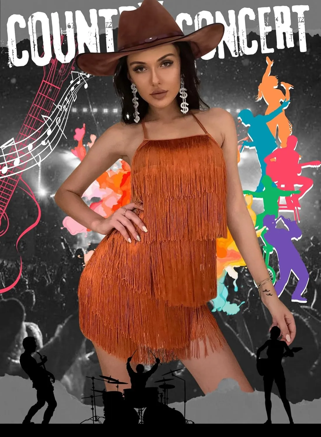 Ella Lust Sexy Backless Fringe Dress Jumpsuit - Western Country Concert Cowgirl Outfit for Women Nashville Tassel Romper