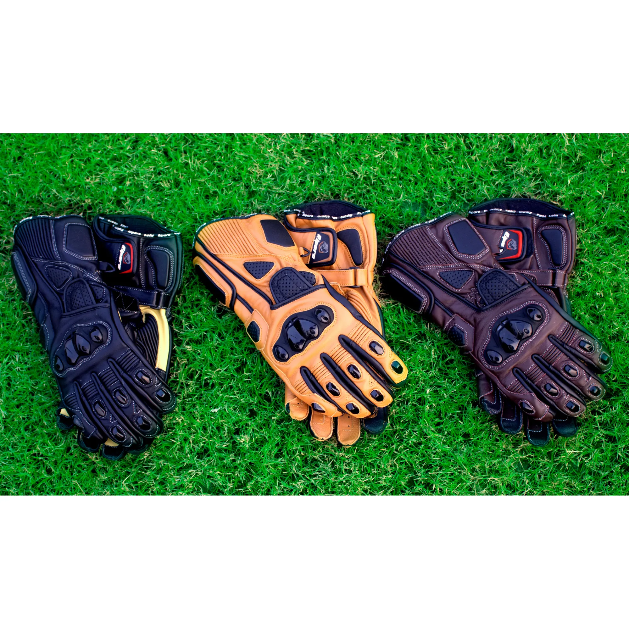 Genuine Leather Full Gauntlet Motorcycle Gloves - Cognac