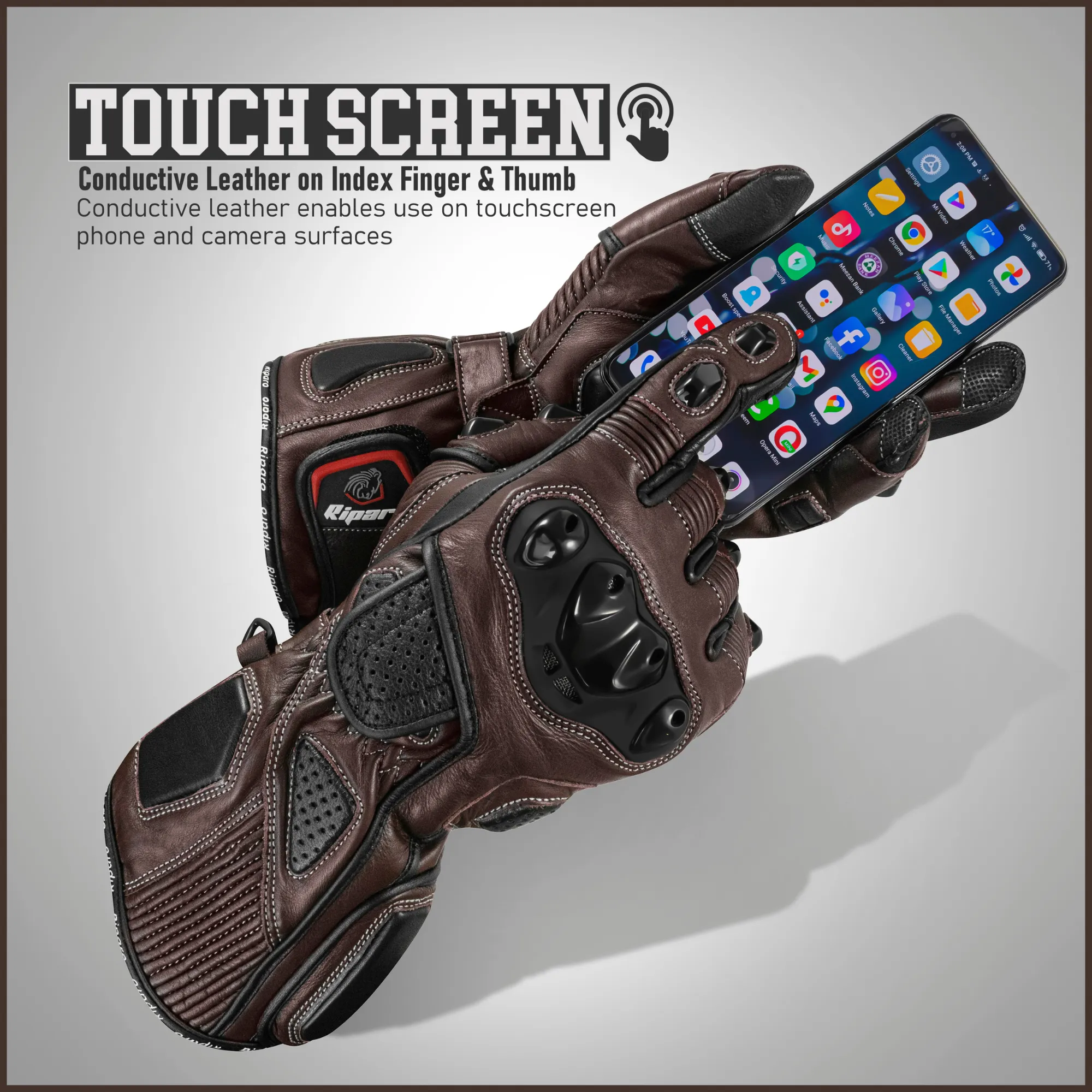 Genuine Leather Full Gauntlet Motorcycle Gloves - Cognac