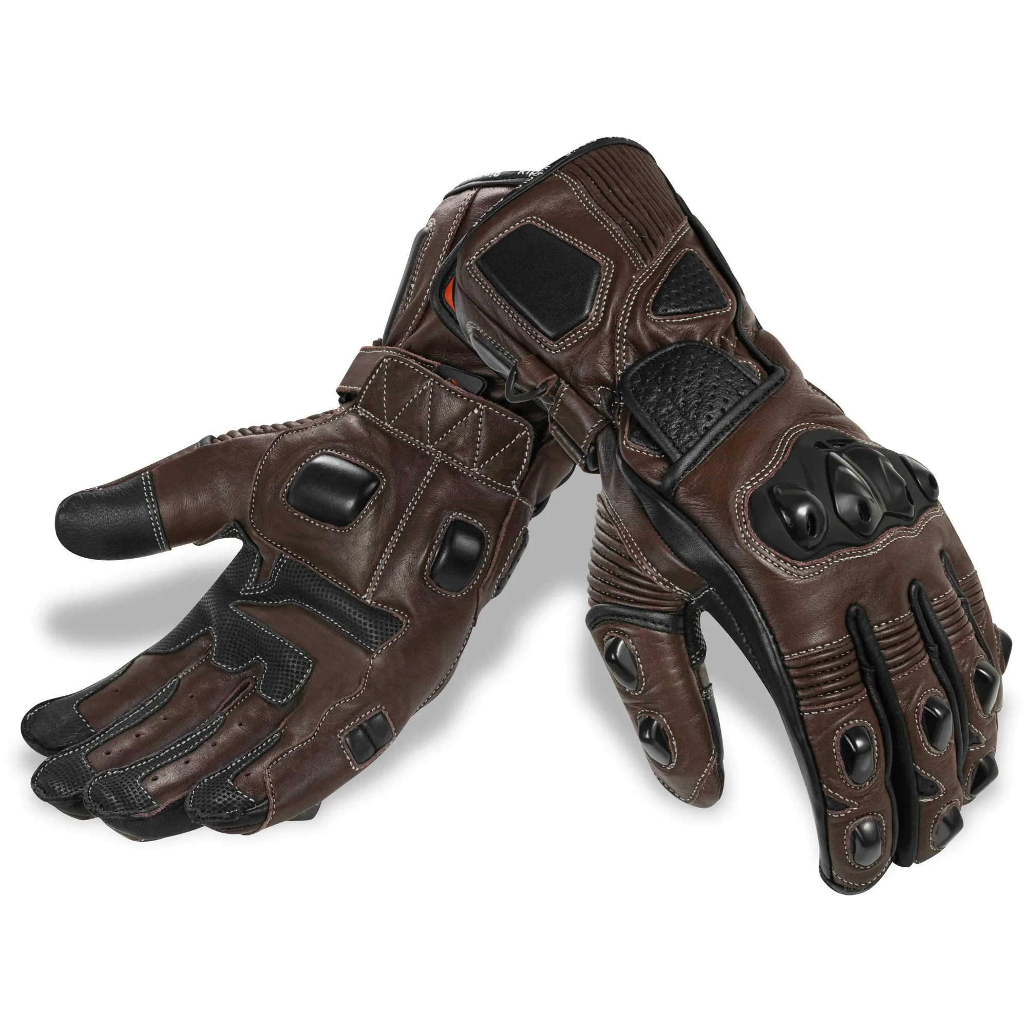 Genuine Leather Full Gauntlet Motorcycle Gloves - Cognac