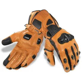 Genuine Leather Full Gauntlet Motorcycle Gloves - Cognac