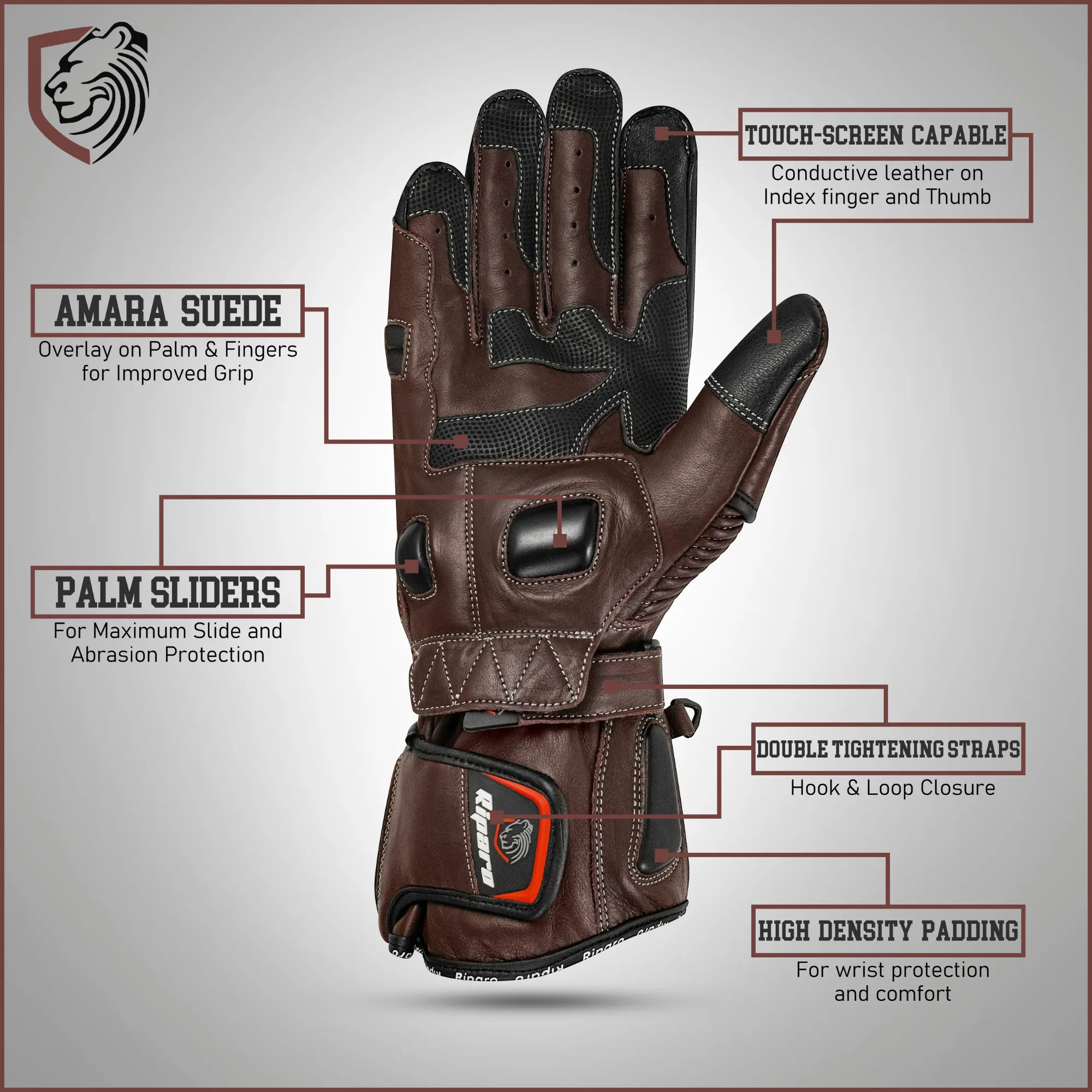Genuine Leather Full Gauntlet Motorcycle Gloves - Cognac