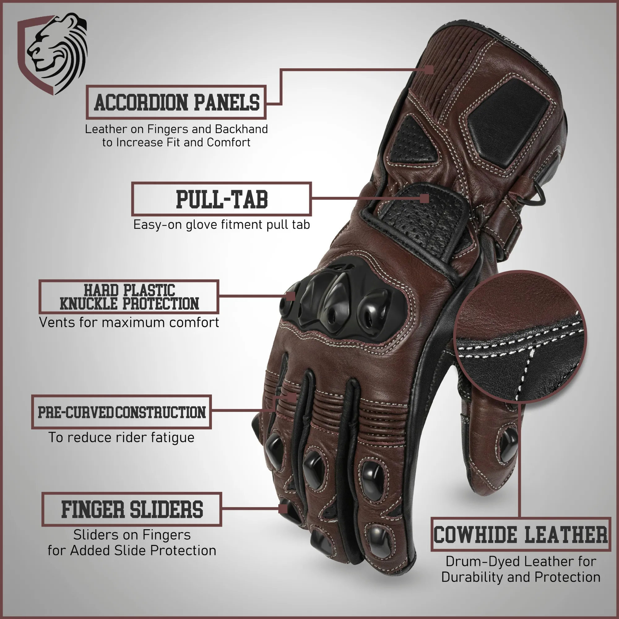 Genuine Leather Full Gauntlet Motorcycle Gloves - Cognac