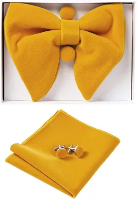 GUSLESON Mens Solid Plaid Velvet Pre-tied Adjustable Bow Tie and Pocket Square Cufflink Set with Gift Box