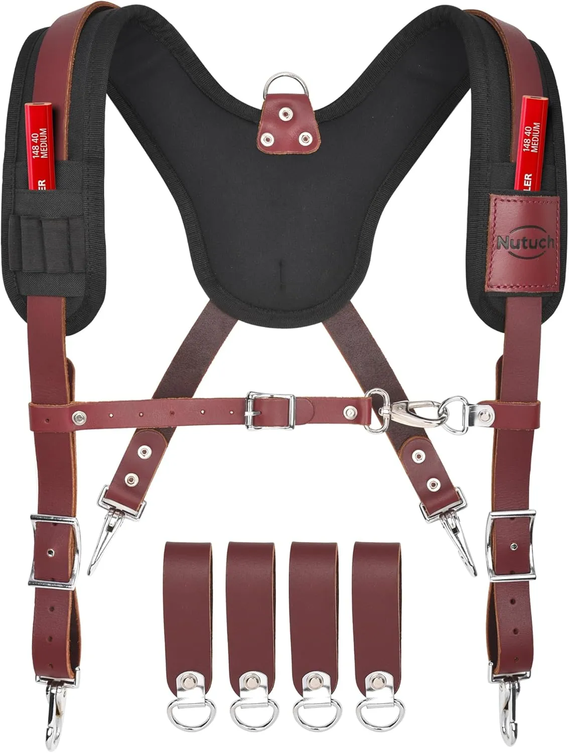 Heavy Duty Leather Work Suspender With Pockets | Fully-Adjustable Padded Leather Tool Belt Suspenders for Men | Construction | Framers | Handyman | Electrician