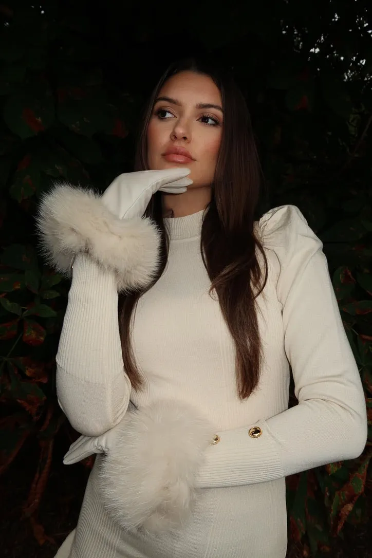 Light Beige Luxury Fur Leather Gloves