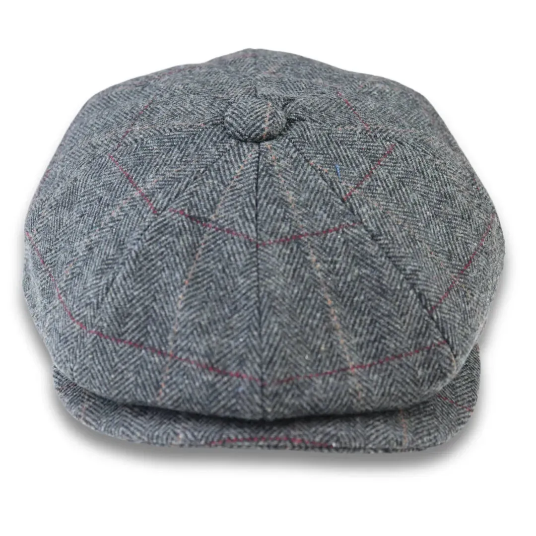 Men's Wool Blend Tweed Herringbone Grey Check Flat Cap