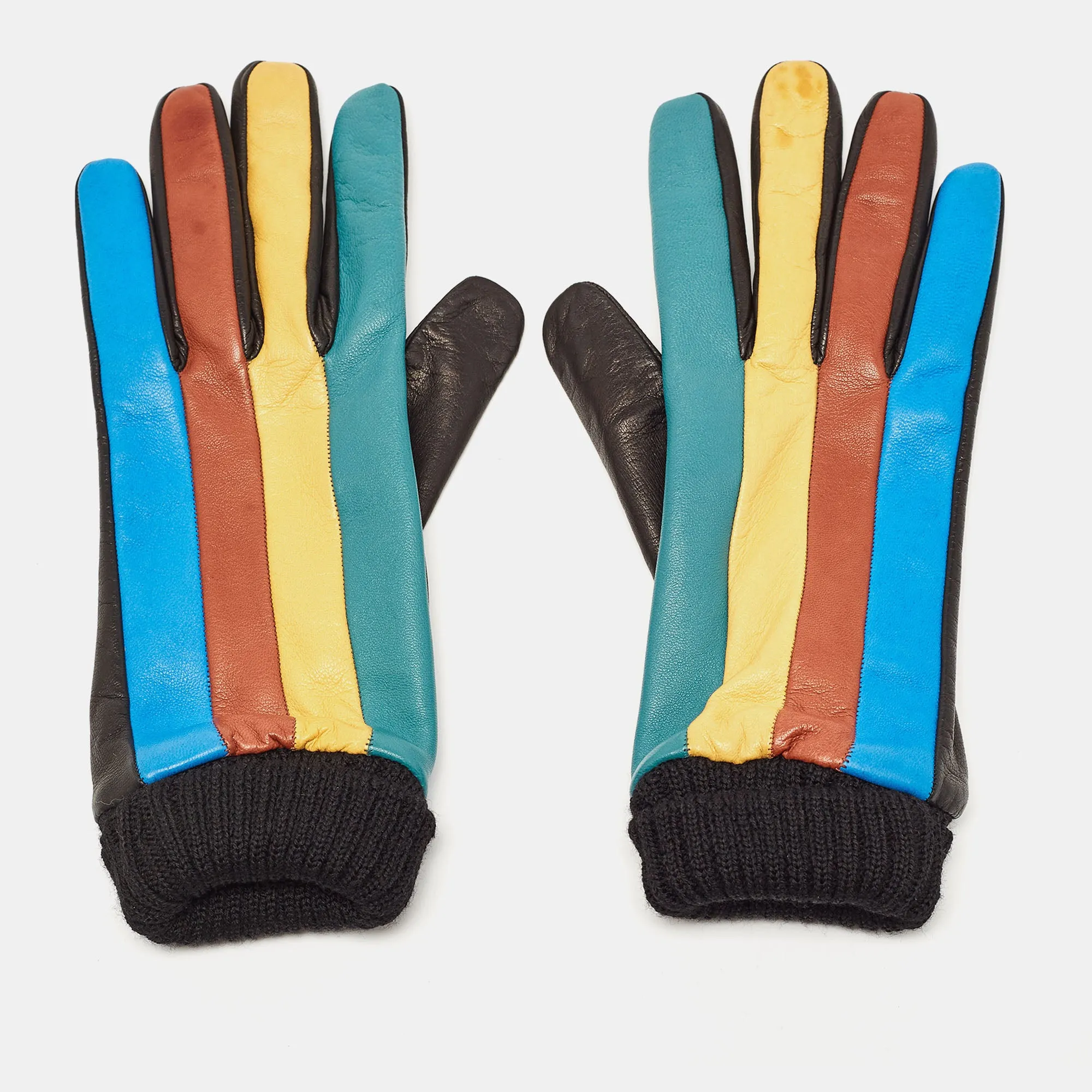 Multicolor Color Block Leather Gloves M