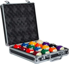 Pool Balls Billiard Set - Regulation Size - 17 Pc Professional Pool Set w/ Cue Ball and Sleek Black and Silver Case - Multi Colored - Ball Size 2.25" 57.15mm