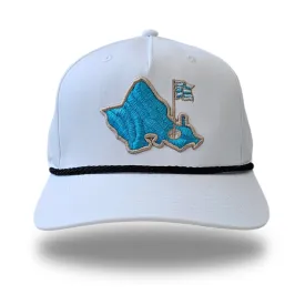 "OGA Mauka Island 5 Panel" - 5 Panel Rope Snapback - Haupia White - Aqua Blue Logo