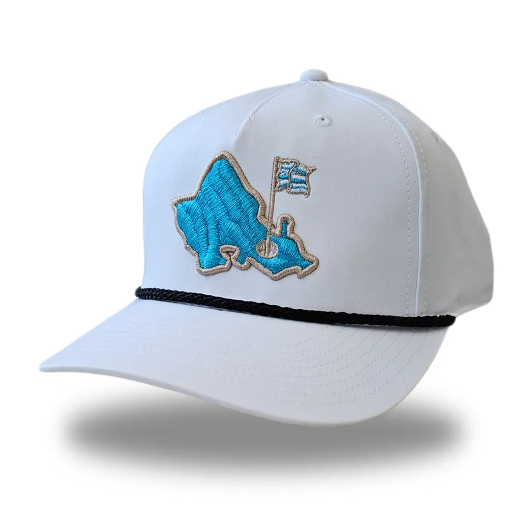 "OGA Mauka Island 5 Panel" - 5 Panel Rope Snapback - Haupia White - Aqua Blue Logo