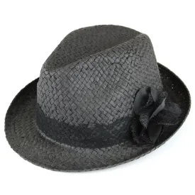 Straw paper trilby hat with lace band and flower corsage - Black
