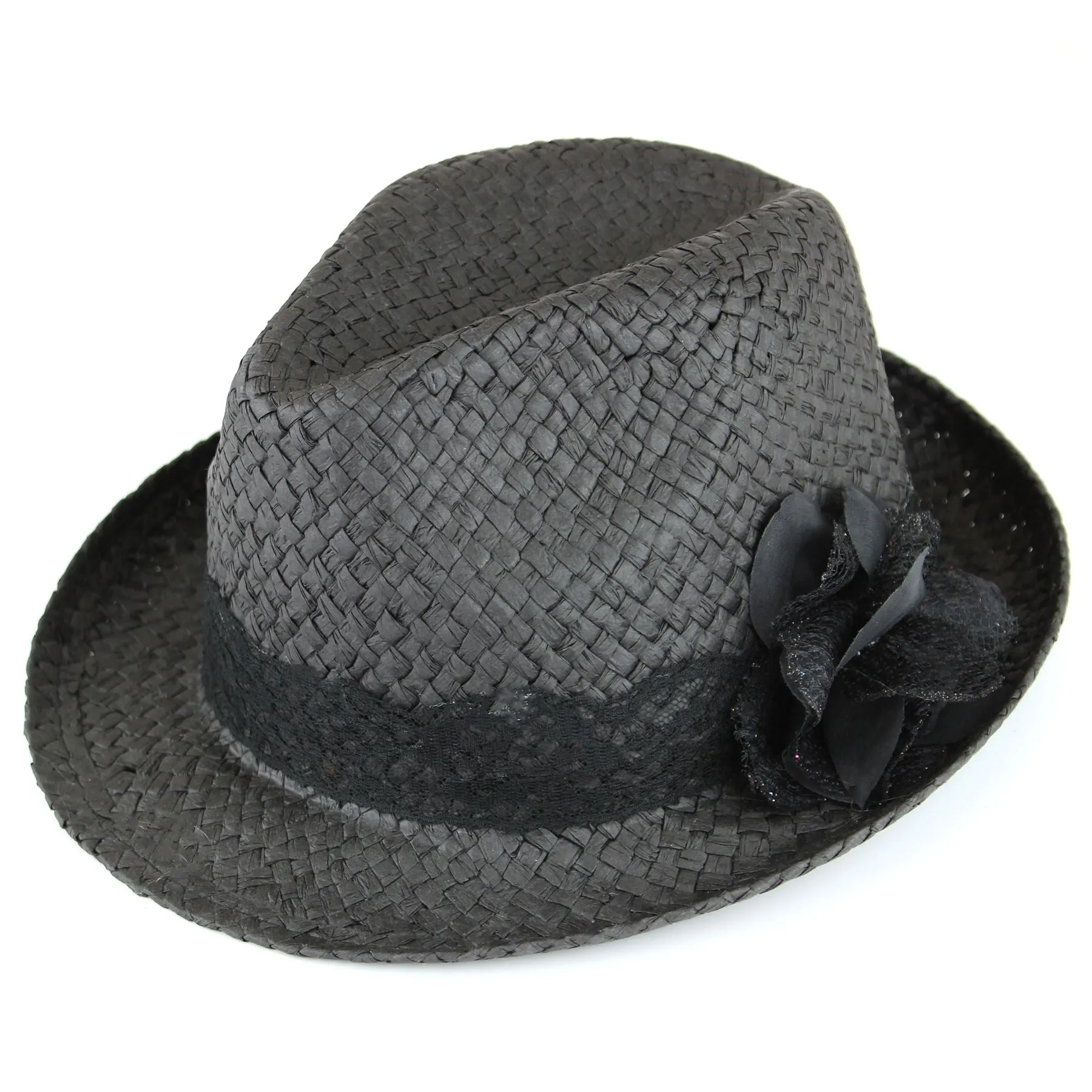 Straw paper trilby hat with lace band and flower corsage - Black
