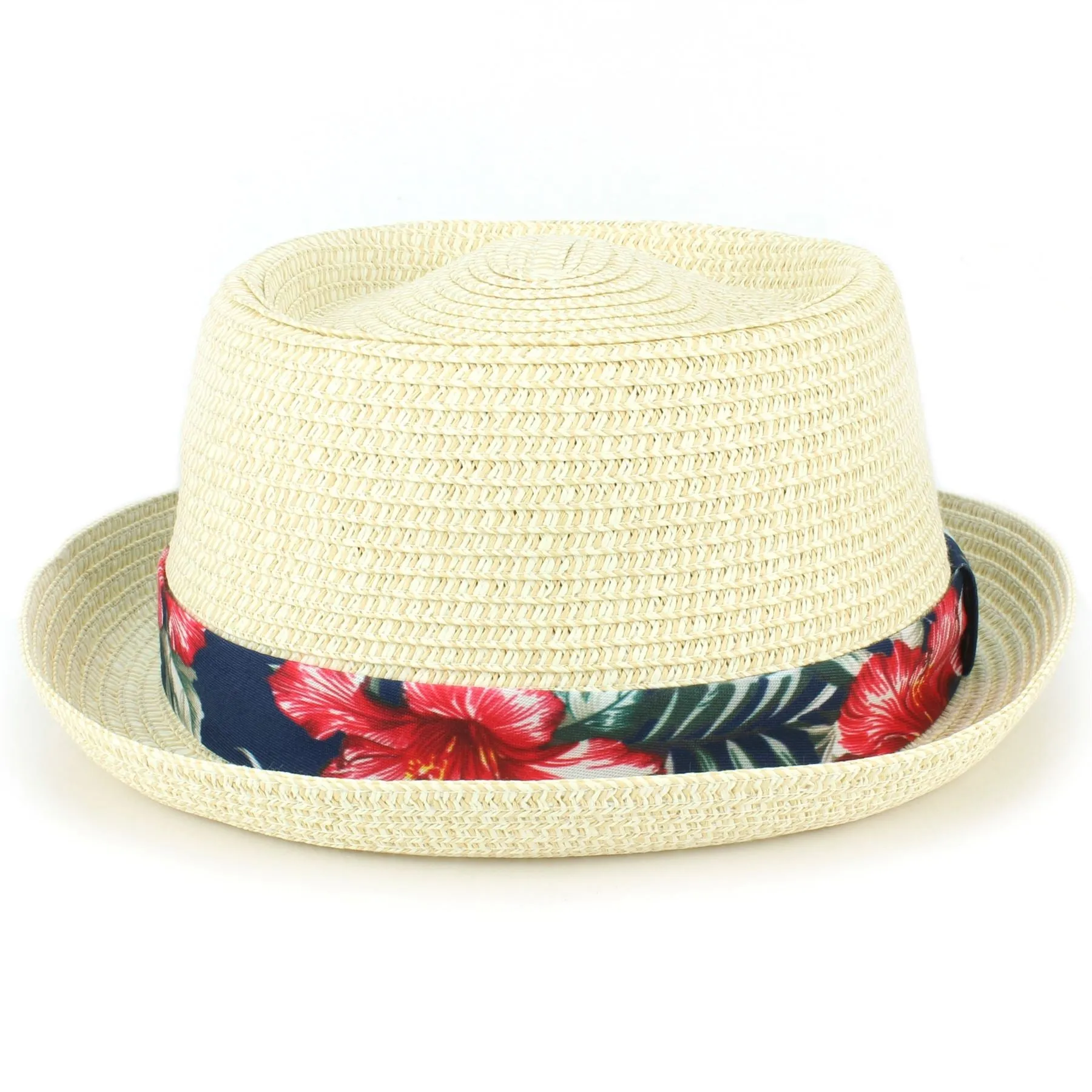 Straw Porkpie Hat with Hawaiian Floral Band - White
