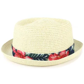Straw Porkpie Hat with Hawaiian Floral Band - White
