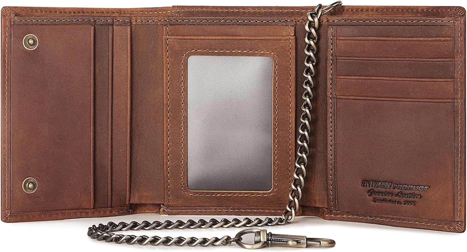 Trifold Mens Wallet with Chain, Genuine Leather Wallet RFID Blocking Anti-Theft Chain for Biker, Motorcycle (Brown Color)