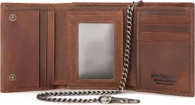 Trifold Mens Wallet with Chain, Genuine Leather Wallet RFID Blocking Anti-Theft Chain for Biker, Motorcycle (Brown Color)