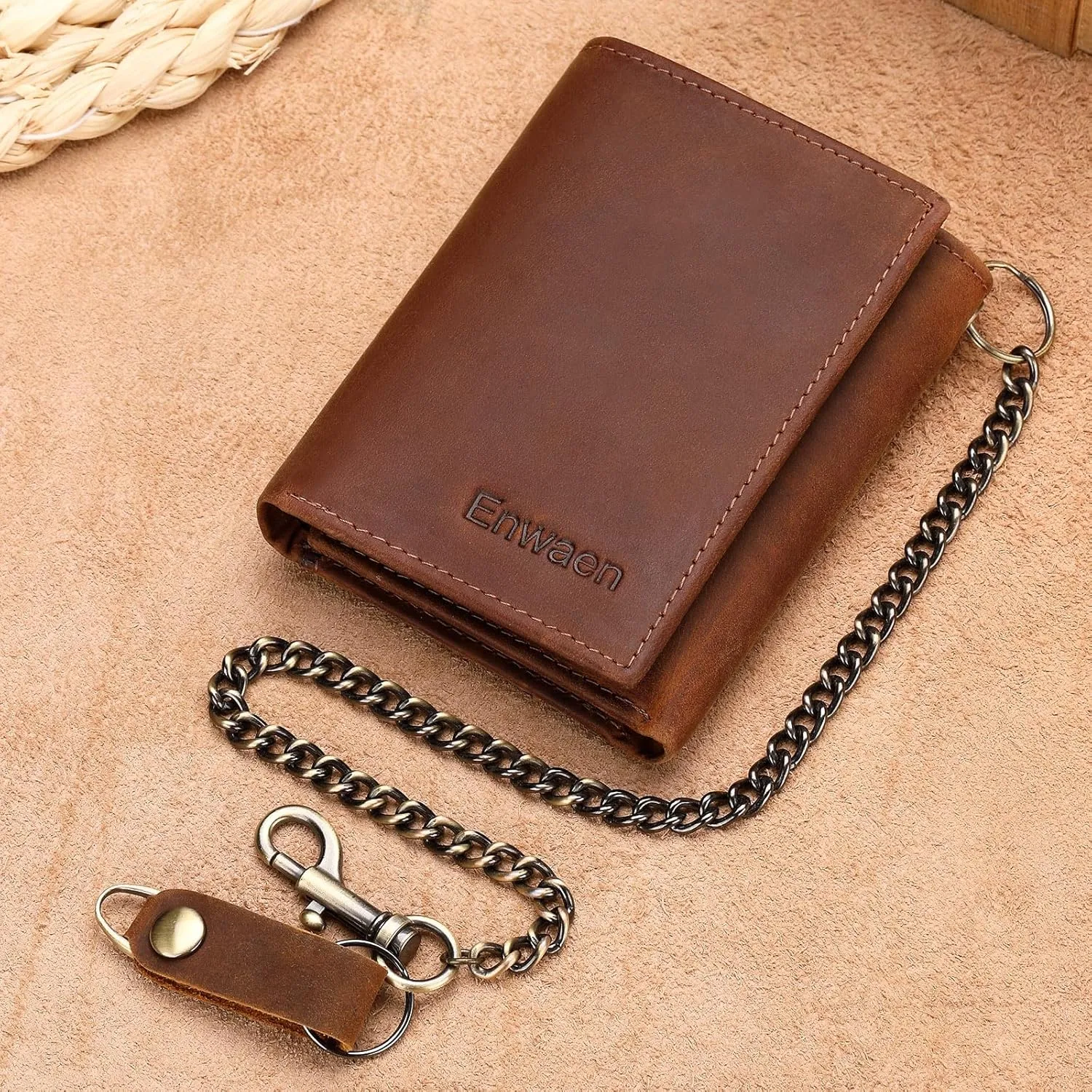 Trifold Mens Wallet with Chain, Genuine Leather Wallet RFID Blocking Anti-Theft Chain for Biker, Motorcycle (Brown Color)