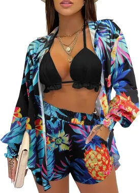 UOUA 3 Piece Swimsuits for Women Hawaiian Outfits Floral Tropical Bikini & Short Sets Summer Beach Sexy Cover Ups Luau Party