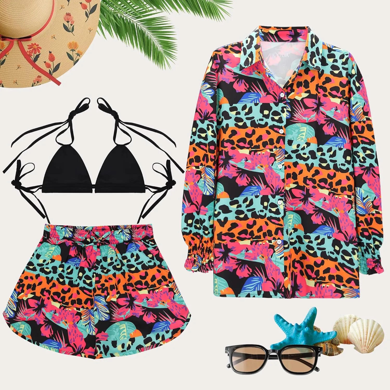 UOUA 3 Piece Swimsuits for Women Hawaiian Outfits Floral Tropical Bikini & Short Sets Summer Beach Sexy Cover Ups Luau Party