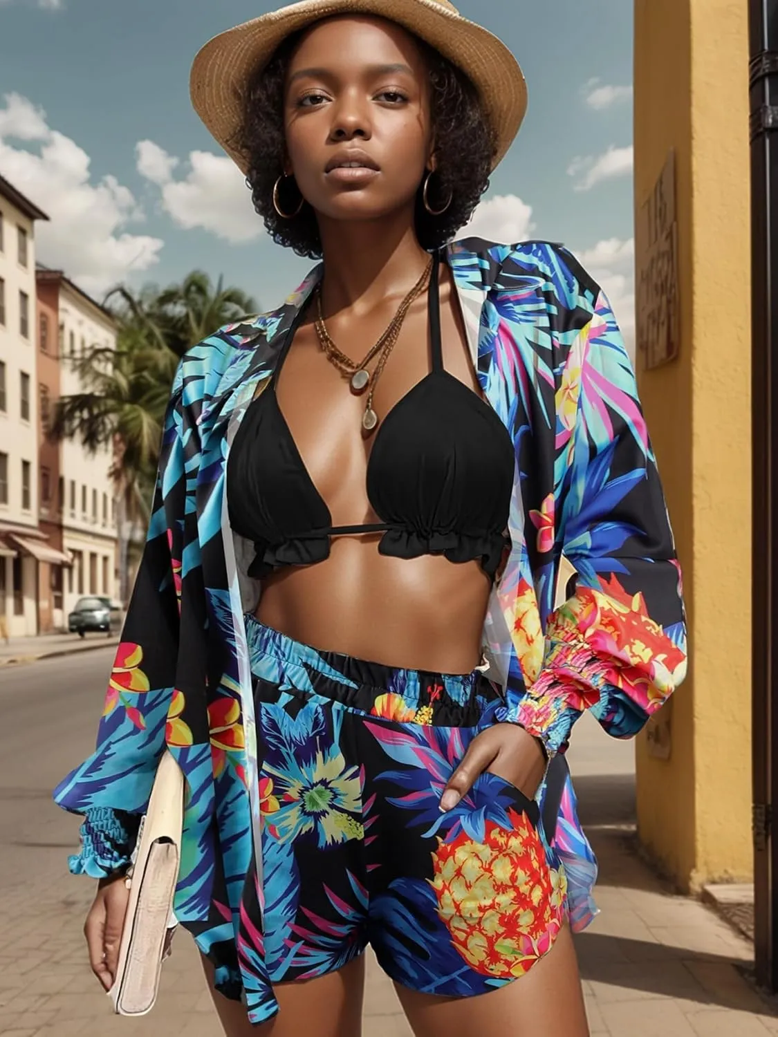 UOUA 3 Piece Swimsuits for Women Hawaiian Outfits Floral Tropical Bikini & Short Sets Summer Beach Sexy Cover Ups Luau Party