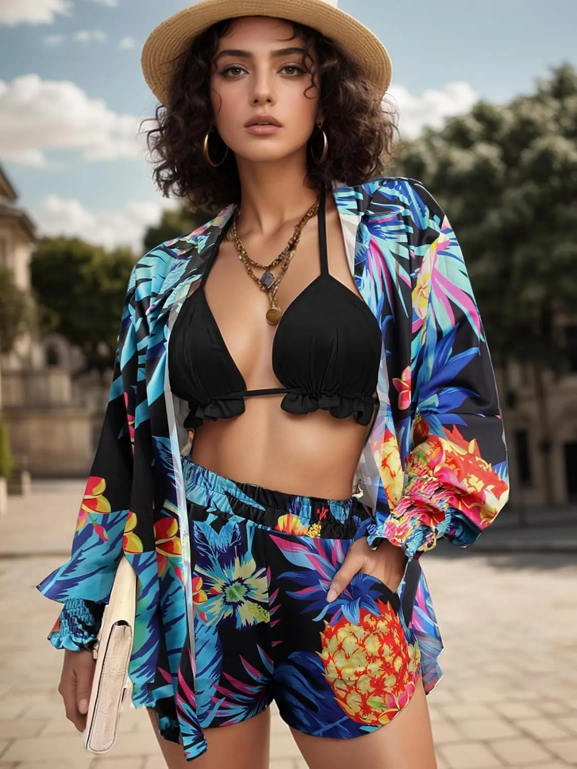 UOUA 3 Piece Swimsuits for Women Hawaiian Outfits Floral Tropical Bikini & Short Sets Summer Beach Sexy Cover Ups Luau Party