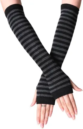 UTTPLL Womens Punk Gothic Long Arm Warmers Striped Fingerless Gloves Winter Knitted Stretchy Mittens Thumb Hole Wrist Warmer