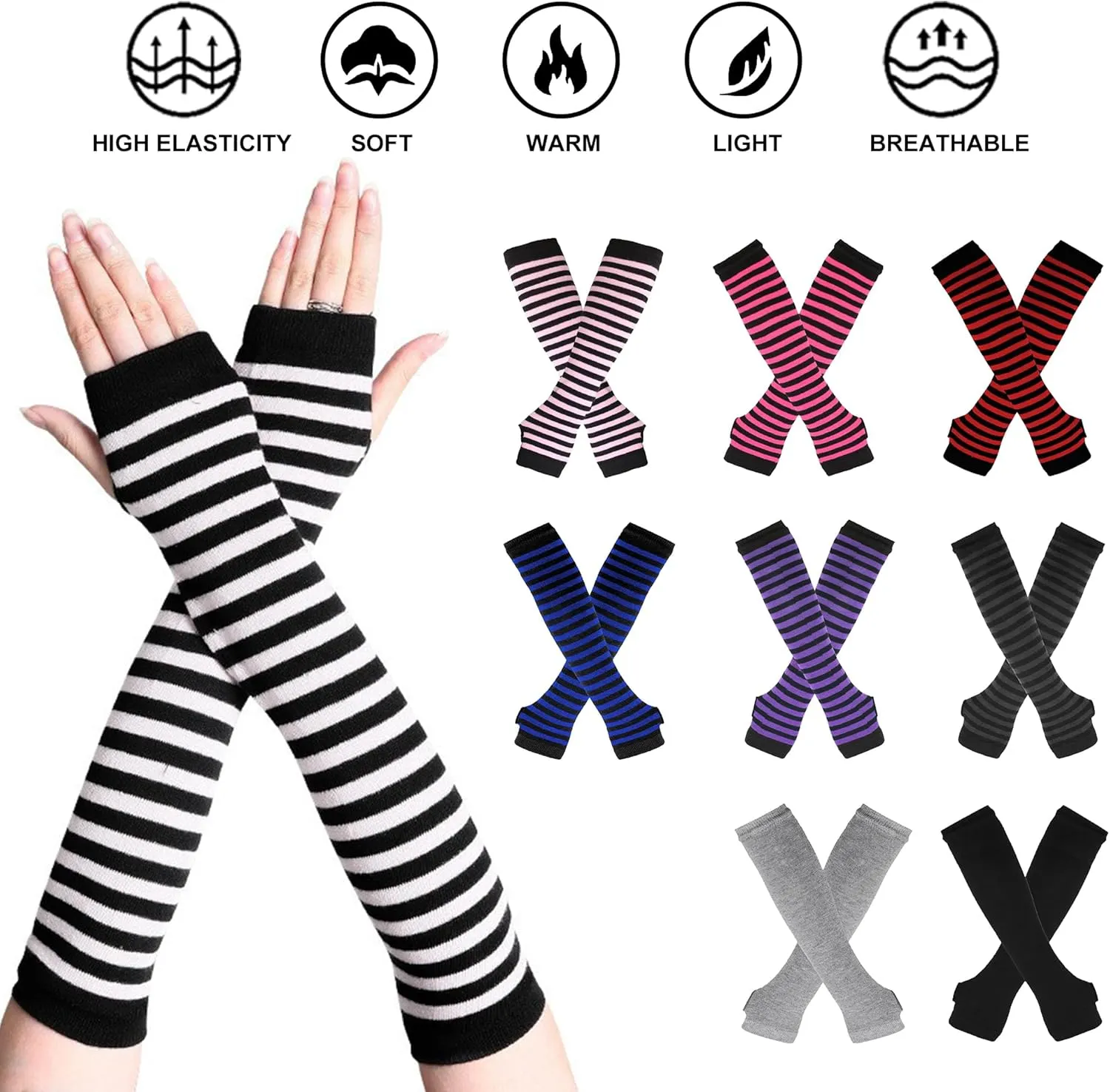 UTTPLL Womens Punk Gothic Long Arm Warmers Striped Fingerless Gloves Winter Knitted Stretchy Mittens Thumb Hole Wrist Warmer