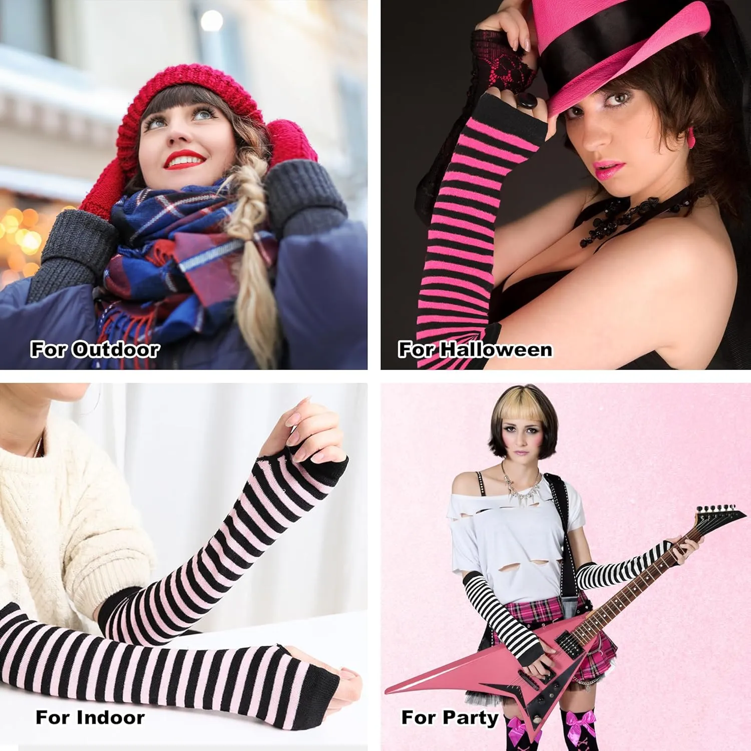 UTTPLL Womens Punk Gothic Long Arm Warmers Striped Fingerless Gloves Winter Knitted Stretchy Mittens Thumb Hole Wrist Warmer