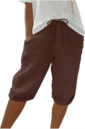 Womens Shorts 2025 Summer Linen Wide Leg Pants Drawstring High Waist Bermuda Pants with Pockets Casual Beach Shorts