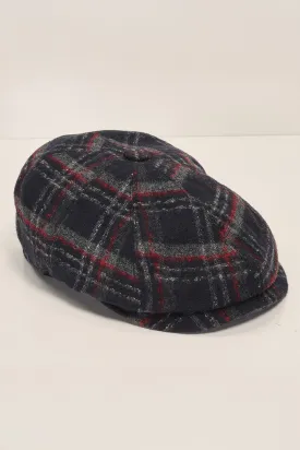 Wool Blend Windowpane Newsboy Cap - Black Grey