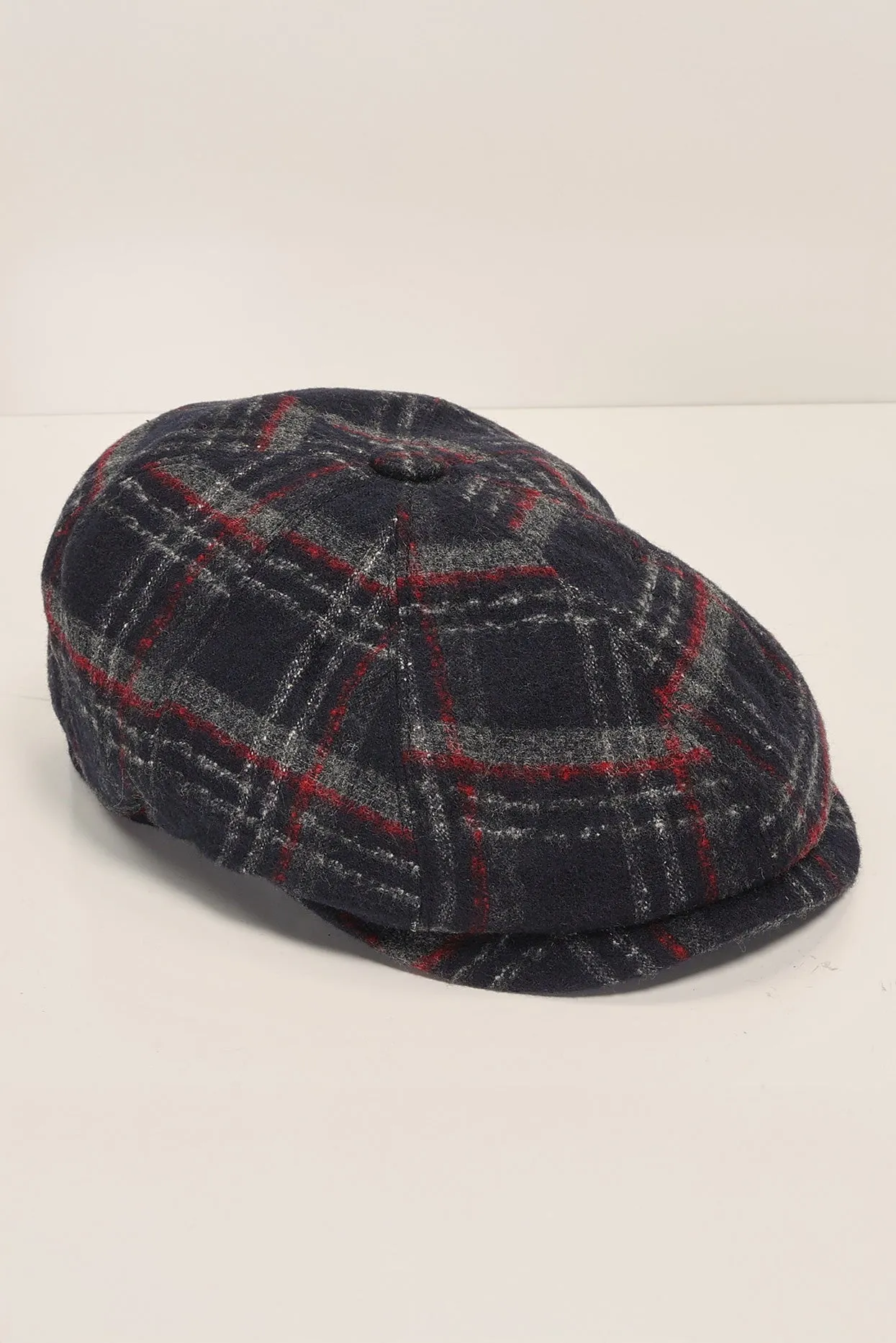 Wool Blend Windowpane Newsboy Cap - Black Grey