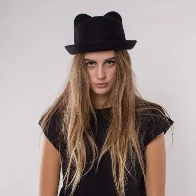 Wool Kitty Cat Ears Bowler Hat Derby Trilby Cap Girls Adult