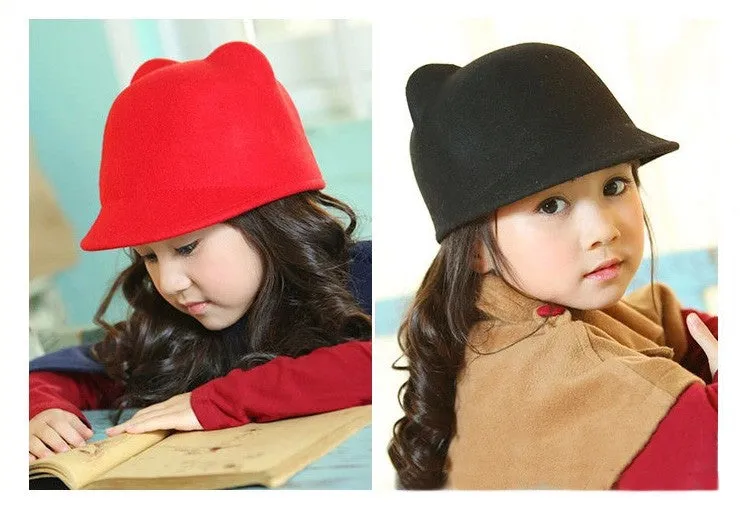 Wool Kitty Cat Ears Bowler Hat Derby Trilby Cap Girls Adult