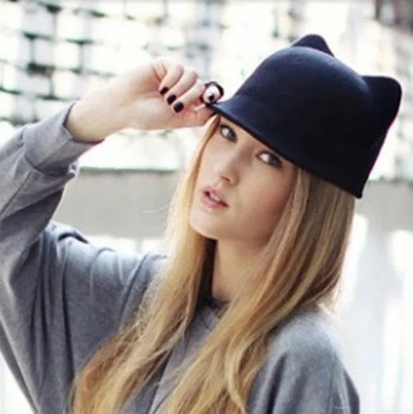 Wool Kitty Cat Ears Bowler Hat Derby Trilby Cap Girls Adult