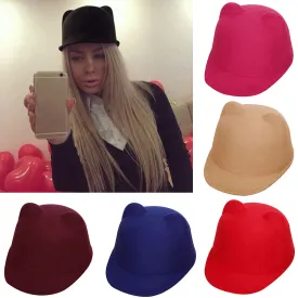 Wool Kitty Cat Ears Bowler Hat Derby Trilby Cap Girls Adult